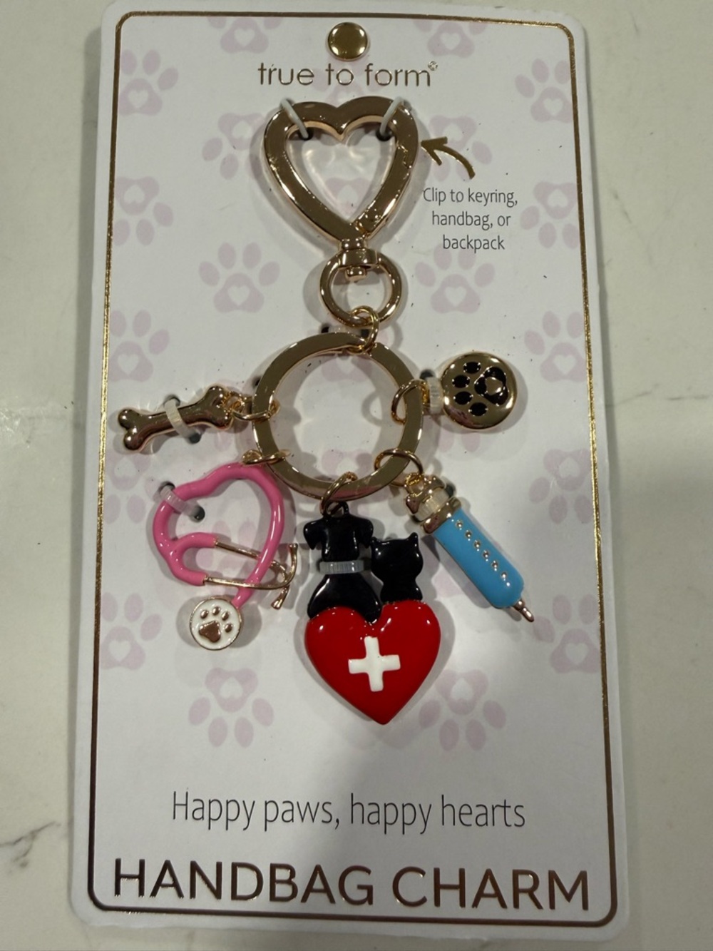 true to form Gold-Tone Pet Medical Charm Keyring - Pink, Red, Blue